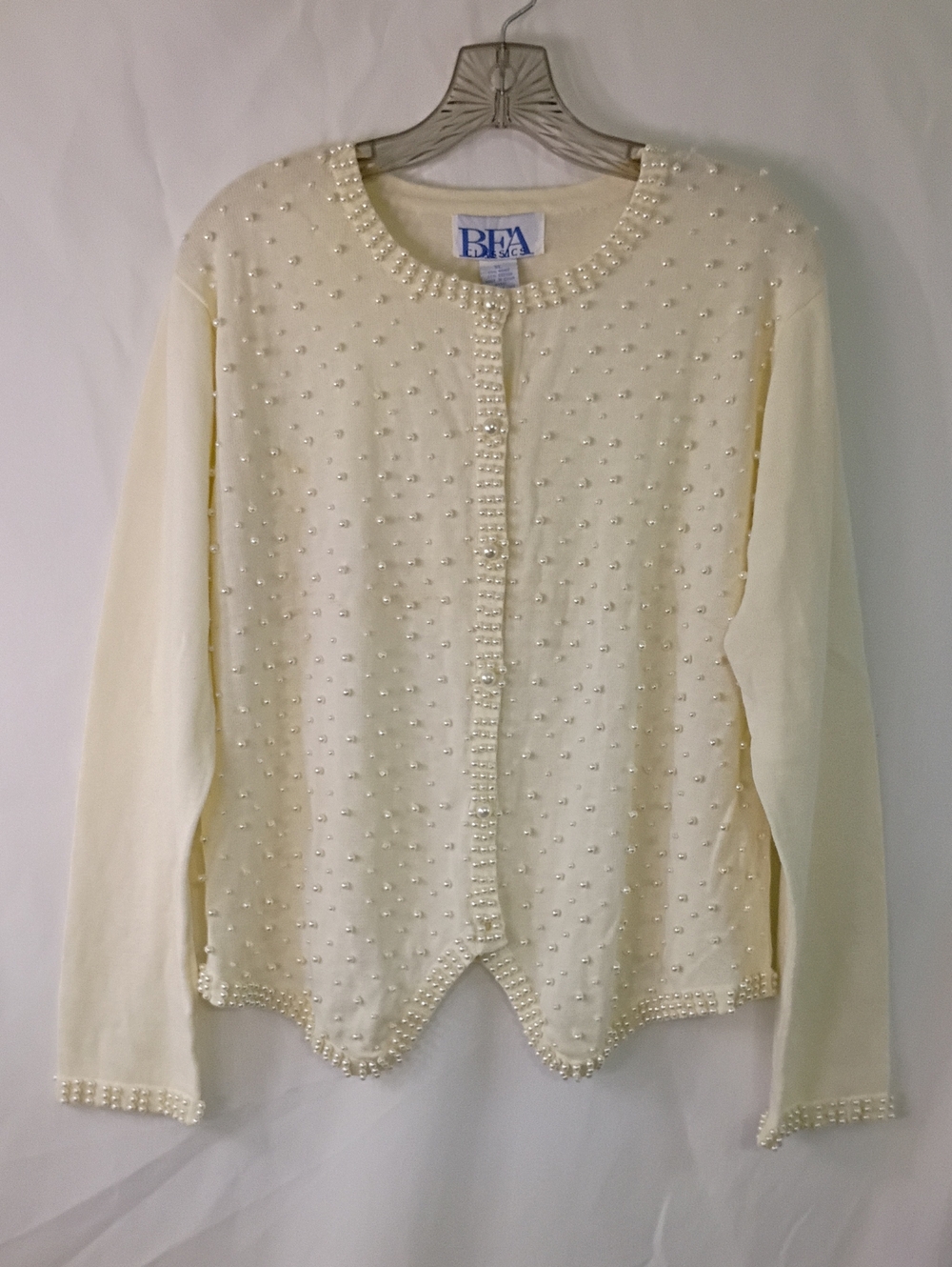 BFA Classics Cream Pearl-Embellished Women's Cardigan Sweater